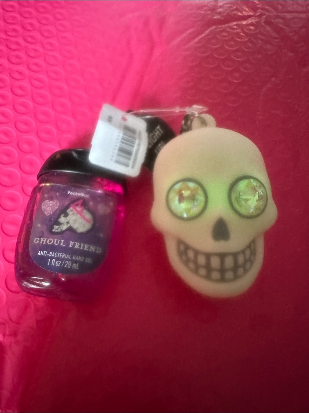 Bath & Body Works Pink Hand Sanitizer with Cream Skull Keychain LITES-UP